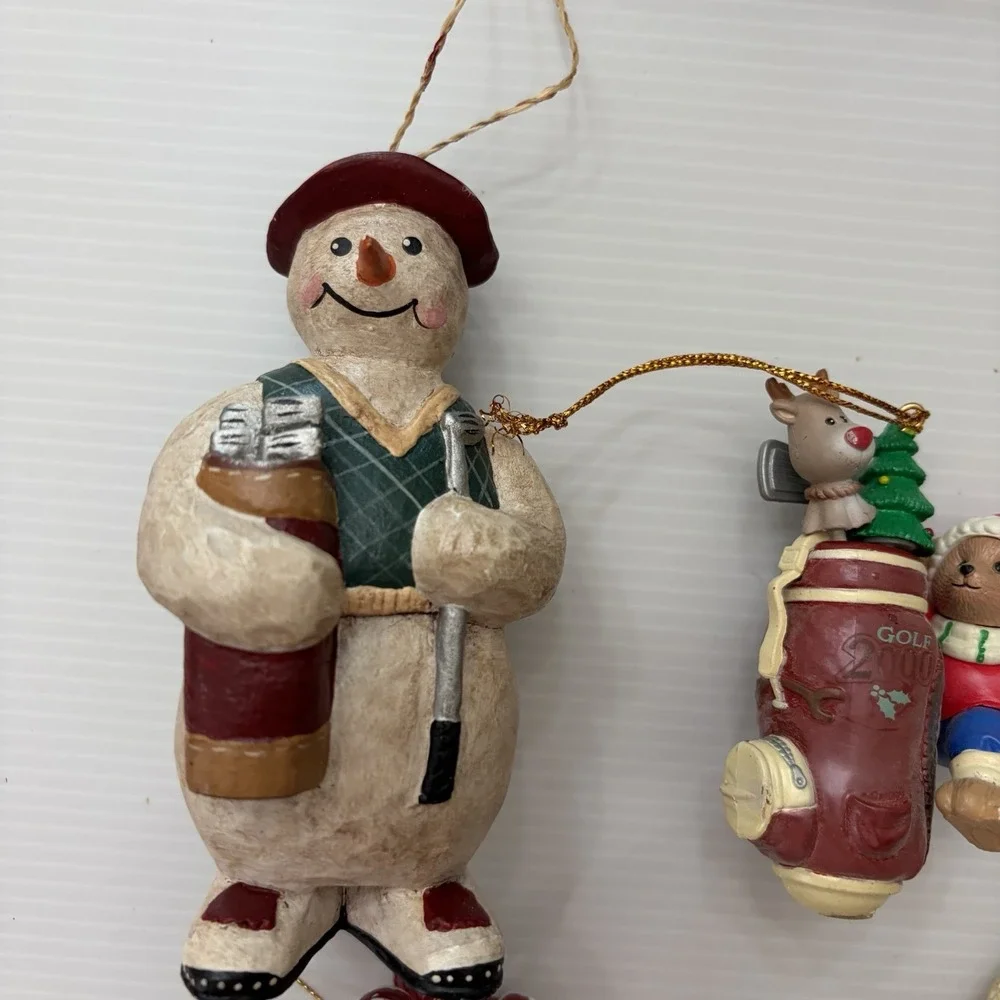 Lot Of 5 Vintage Golf Christmas Tree Ornaments Santa Snowman Golf Bag Holiday